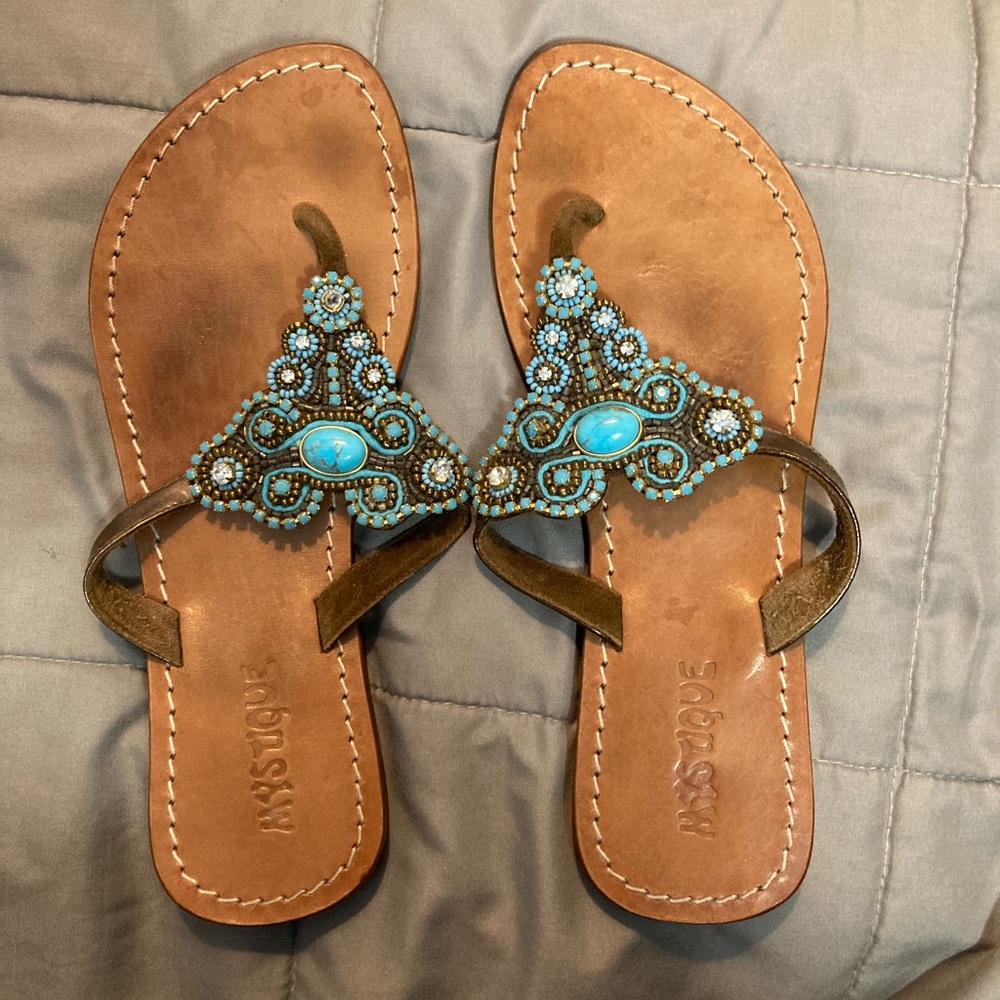 Leather Blue Beaded Sandals Mystique Brand, Size 8
